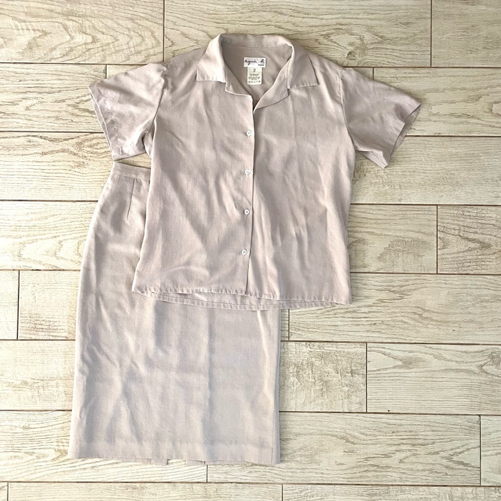 agnes b set- fitted button down top w straight skirt- neautral beige color-small